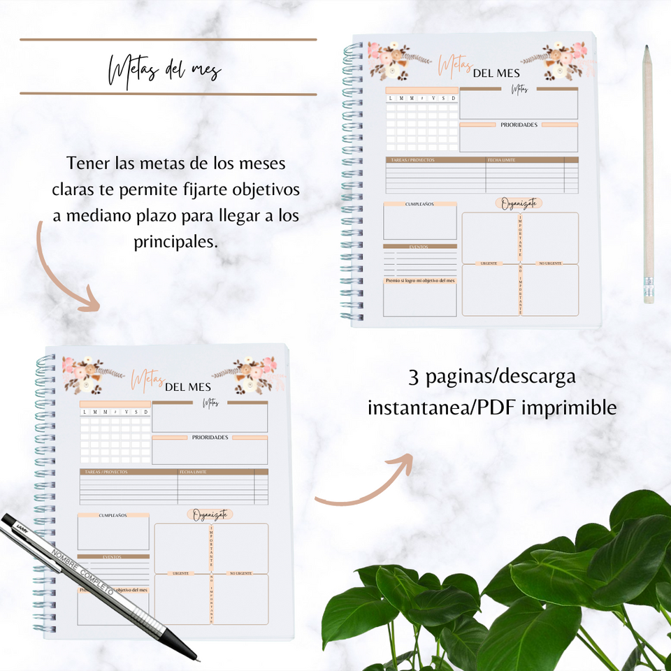 Plantilla "Metas del mes" y "calendario por semanas" (PDF)