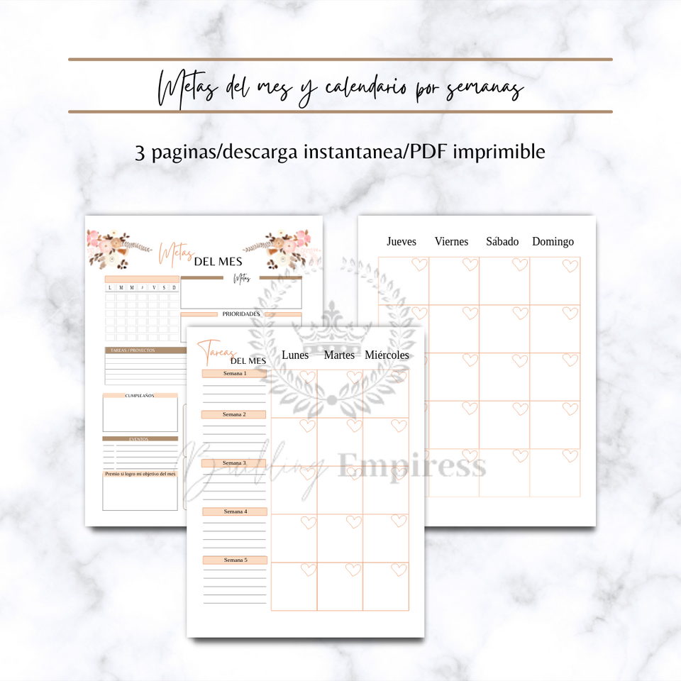 Plantilla "Metas del mes" y "calendario por semanas" (PDF)